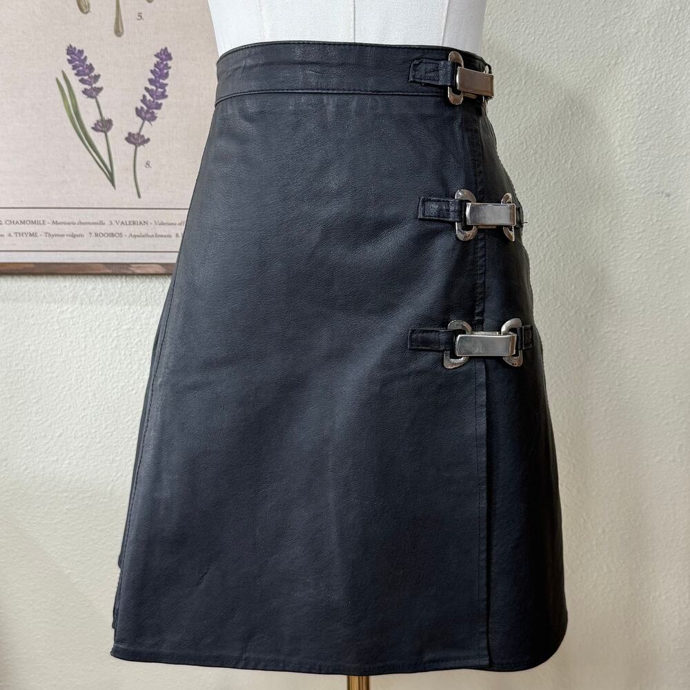 Vintage 90s Y2k Leather Buckle Pleated Faux Wrap Mini Skirt Goth Emo Punk S 6